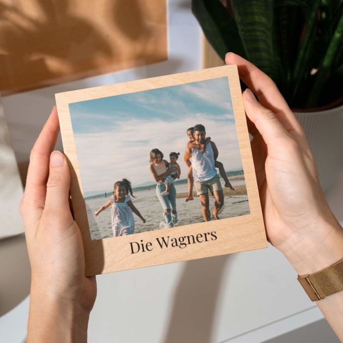 Personalisierbarer Holzblock mit Foto und Text 